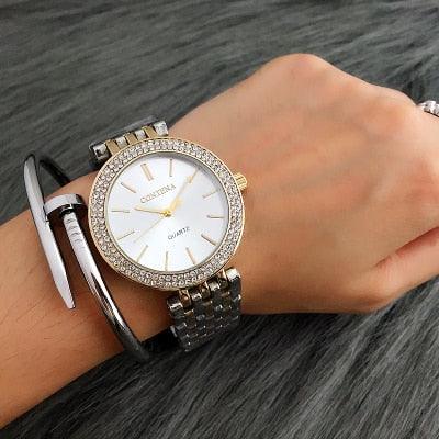 Fashion Luxury Silver Watch Women Watches Rhinestone Womens Watches Stainless Steel Watch And Bracelet Set For Women Rose Gold Rhinestone Wrist Watch With Bangles Mother Bracelet Watches