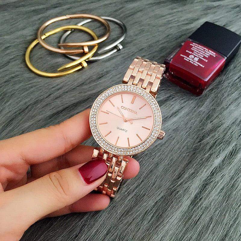 Fashion Luxury Silver Watch Women Watches Rhinestone Womens Watches Stainless Steel Watch And Bracelet Set For Women Rose Gold Rhinestone Wrist Watch With Bangles Mother Bracelet Watches