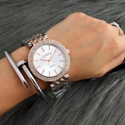 Fashion Luxury Silver Watch Women Watches Rhinestone Womens Watches Stainless Steel Watch And Bracelet Set For Women Rose Gold Rhinestone Wrist Watch With Bangles Mother Bracelet Watches