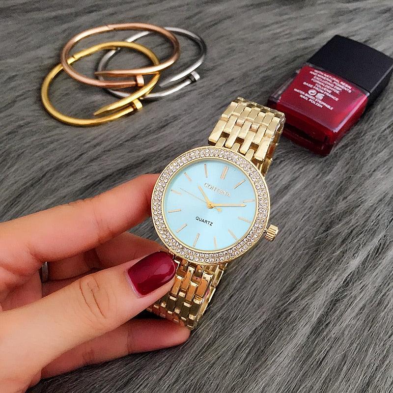 Fashion Luxury Silver Watch Women Watches Rhinestone Womens Watches Stainless Steel Watch And Bracelet Set For Women Rose Gold Rhinestone Wrist Watch With Bangles Mother Bracelet Watches