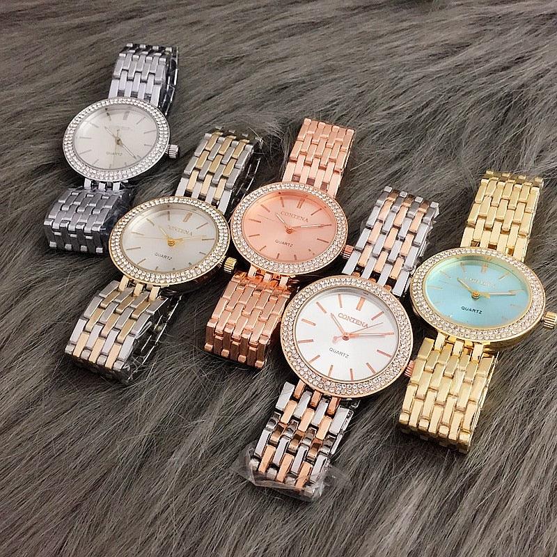 Fashion Luxury Silver Watch Women Watches Rhinestone Womens Watches Stainless Steel Watch And Bracelet Set For Women Rose Gold Rhinestone Wrist Watch With Bangles Mother Bracelet Watches