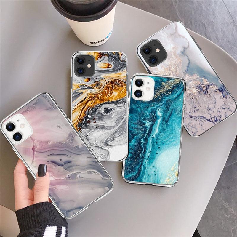 Fashion Marble Pattern Phone Case For iPhone 13 12 11 Pro Max 7 8 6 6S Plus X XR XS Max 12Mini 5 5S SE Cute Soft TPU Cover Full Body Protection with Raised Bezel