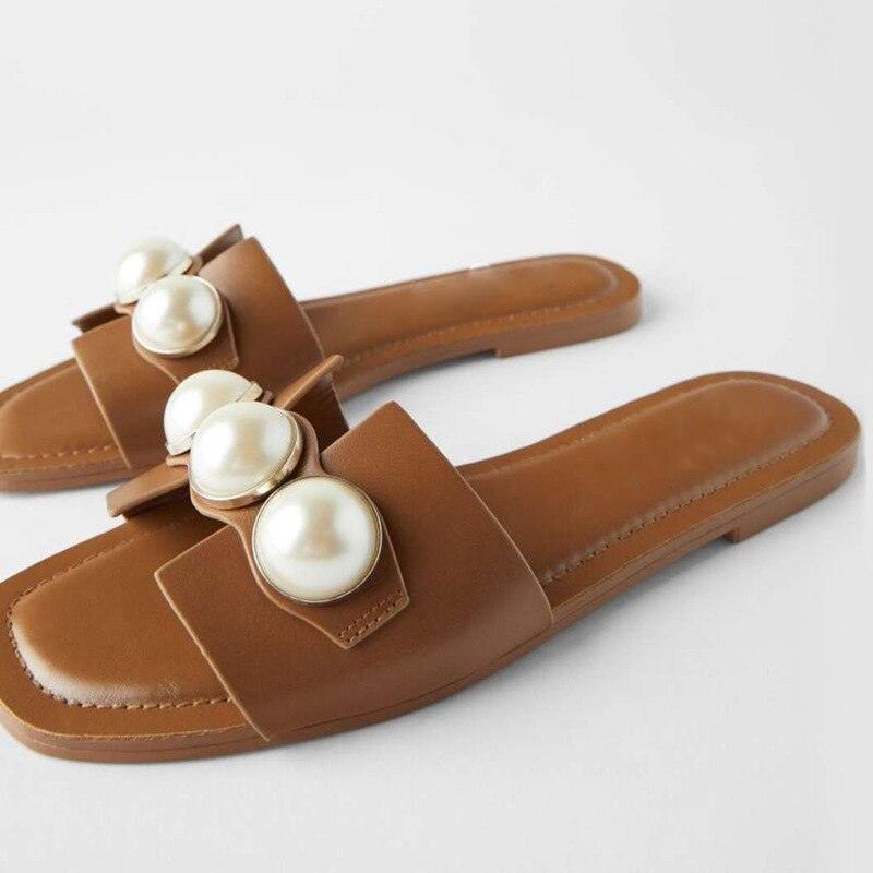 Fashion Party Dresses Shoes Pearl Sandals Flat Women Flip Flops Casual Beach Flat Slippers Dressy Flat Sandals With Pearls Slip On Summer Beach Bridal Shoes