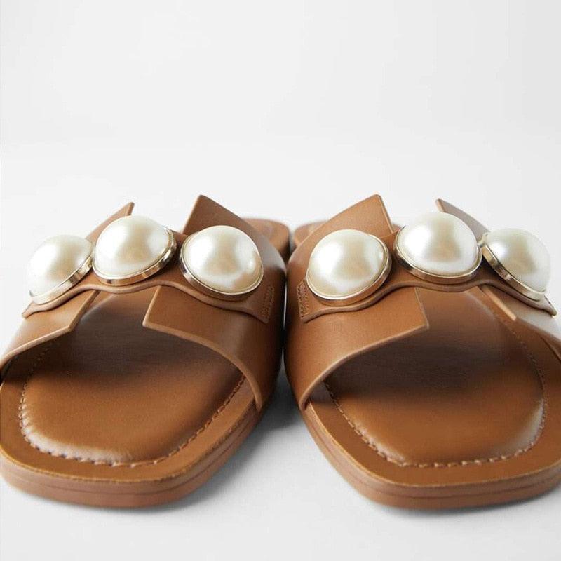 Fashion Party Dresses Shoes Pearl Sandals Flat Women Flip Flops Casual Beach Flat Slippers Dressy Flat Sandals With Pearls Slip On Summer Beach Bridal Shoes