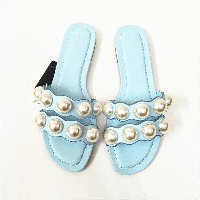 Fashion Party Dresses Shoes Pearl Sandals Flat Women Flip Flops Casual Beach Flat Slippers Dressy Flat Sandals With Pearls Slip On Summer Beach Bridal Shoes