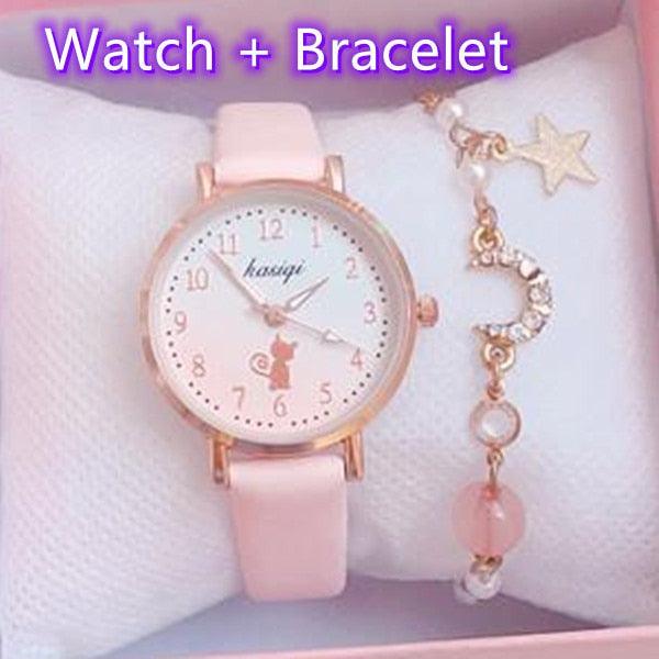 Fashion Set Bracelet Watch Leather Strap Watch Cute Cat Dial Girl Watch Children Quartz Watch Couple Watch Gift Set Valentines Romantic Lovers Watch For Man Woman Leather Strap