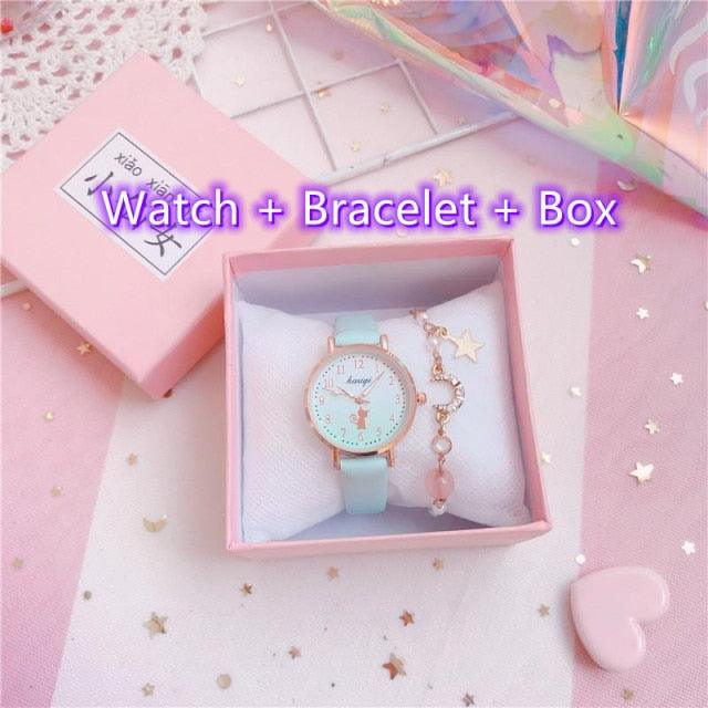 Fashion Set Bracelet Watch Leather Strap Watch Cute Cat Dial Girl Watch Children Quartz Watch Couple Watch Gift Set Valentines Romantic Lovers Watch For Man Woman Leather Strap