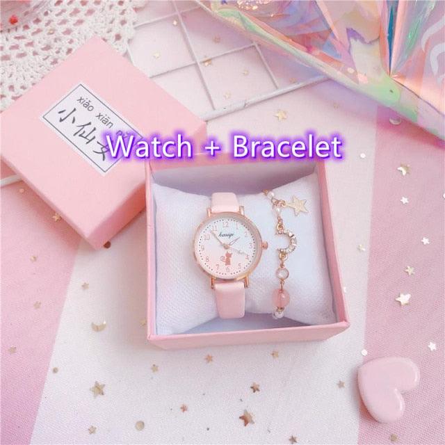 Fashion Set Bracelet Watch Leather Strap Watch Cute Cat Dial Girl Watch Children Quartz Watch Couple Watch Gift Set Valentines Romantic Lovers Watch For Man Woman Leather Strap