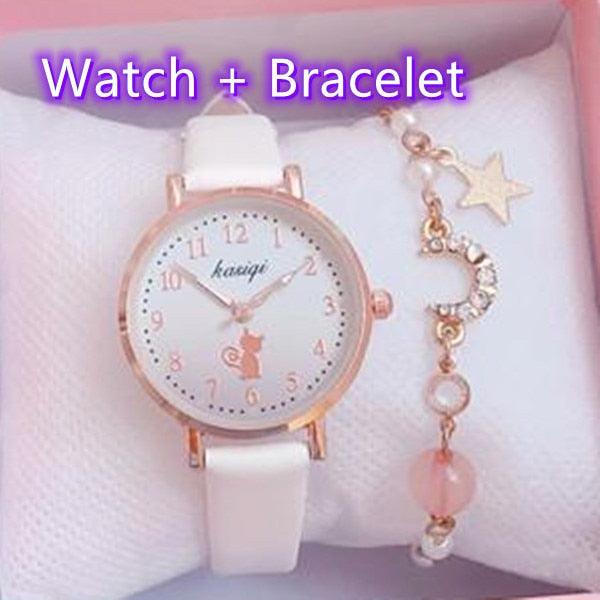 Fashion Set Bracelet Watch Leather Strap Watch Cute Cat Dial Girl Watch Children Quartz Watch Couple Watch Gift Set Valentines Romantic Lovers Watch For Man Woman Leather Strap