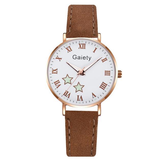 Fashion Set Watch Casual All-Match Leather Strap Student Watch Luminous Five-Pointed Star Dial Childrens Luminous Watch Women Casual Leather Female Wrist Watch Leather Band Quartz Watch