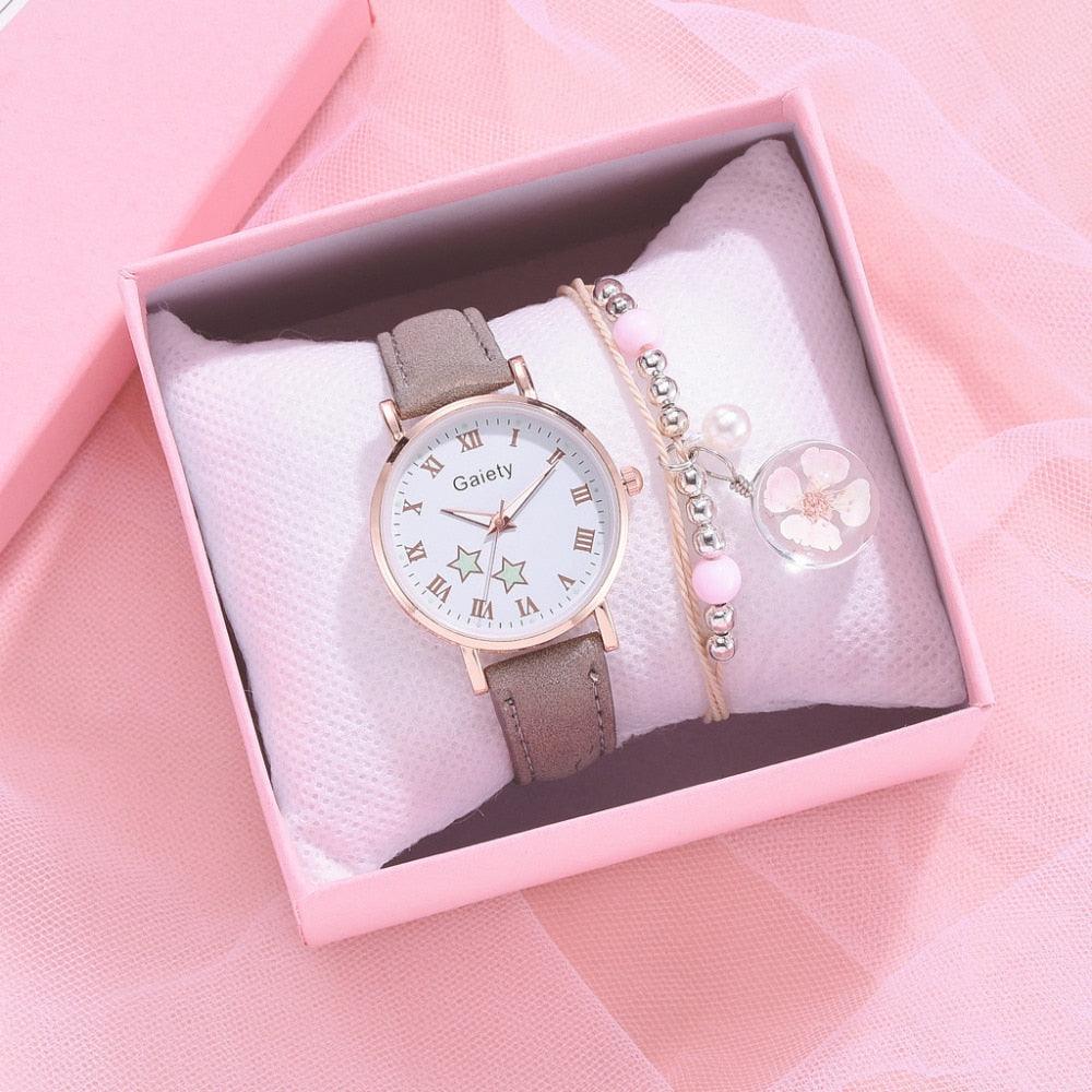 Fashion Set Watch Casual All-Match Leather Strap Student Watch Luminous Five-Pointed Star Dial Childrens Luminous Watch Women Casual Leather Female Wrist Watch Leather Band Quartz Watch