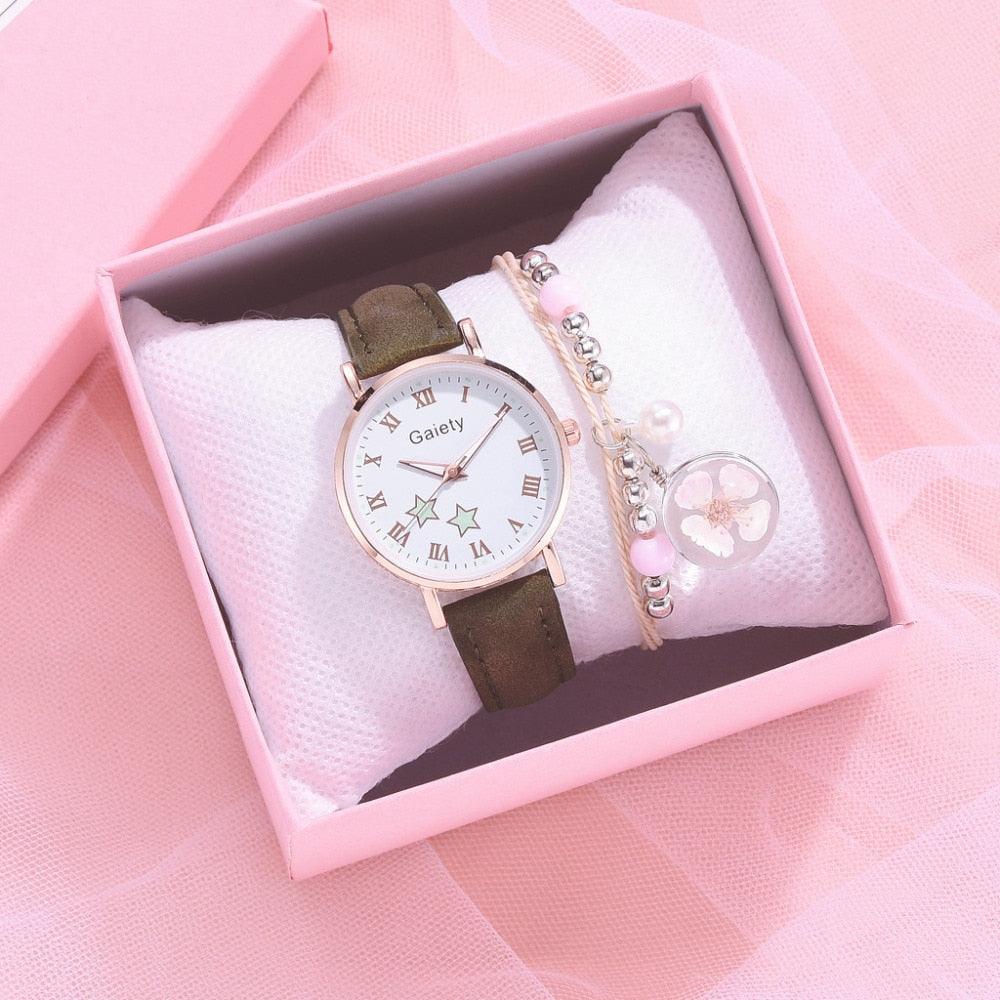 Fashion Set Watch Casual All-Match Leather Strap Student Watch Luminous Five-Pointed Star Dial Childrens Luminous Watch Women Casual Leather Female Wrist Watch Leather Band Quartz Watch