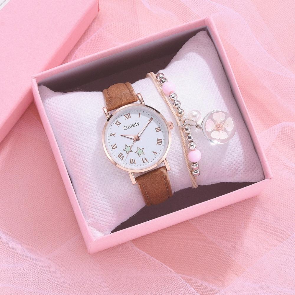 Fashion Set Watch Casual All-Match Leather Strap Student Watch Luminous Five-Pointed Star Dial Childrens Luminous Watch Women Casual Leather Female Wrist Watch Leather Band Quartz Watch