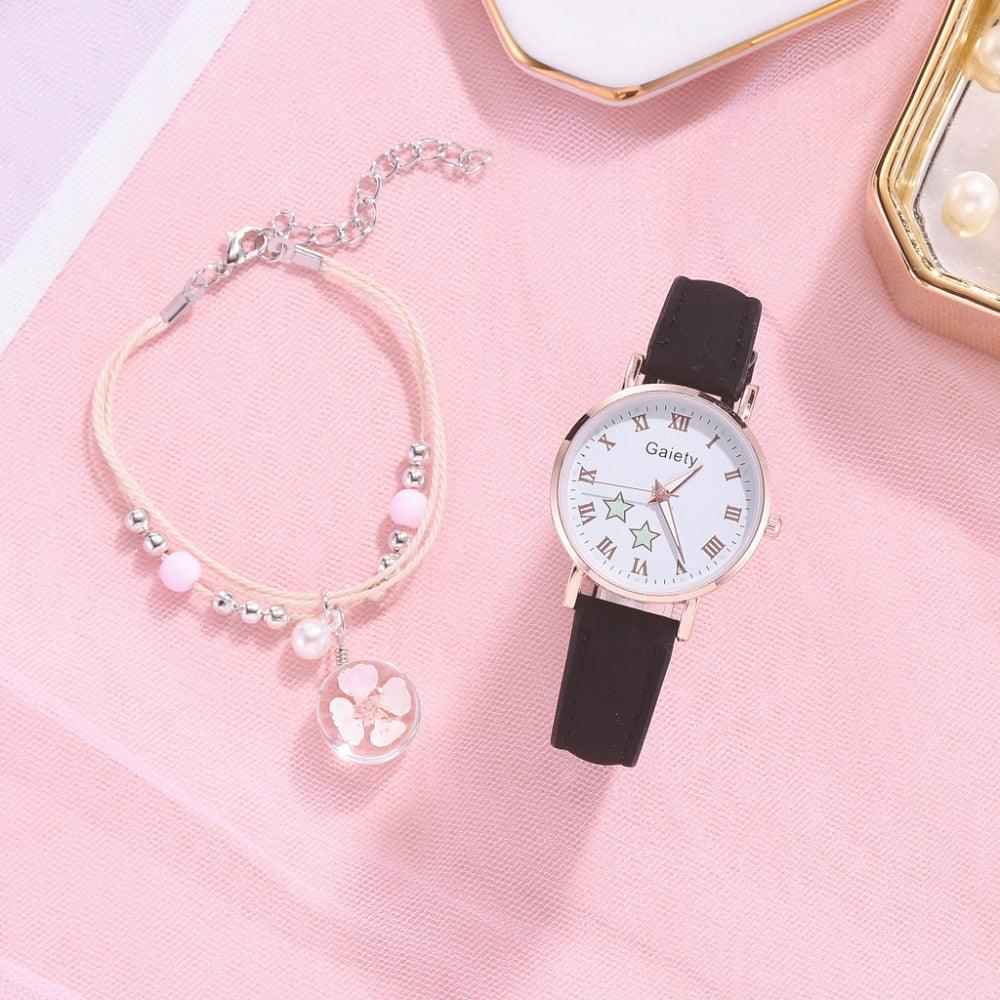 Fashion Set Watch Casual All-Match Leather Strap Student Watch Luminous Five-Pointed Star Dial Childrens Luminous Watch Women Casual Leather Female Wrist Watch Leather Band Quartz Watch