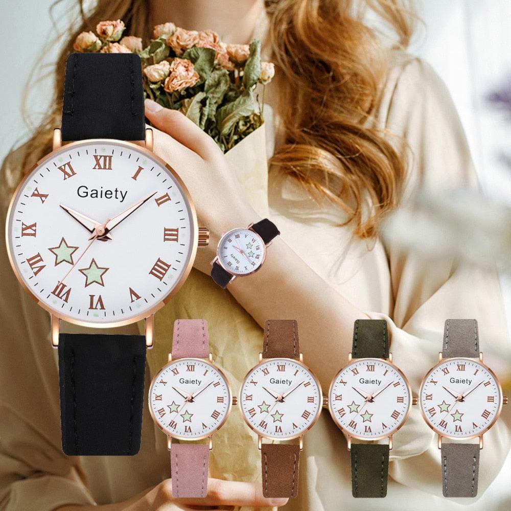 Fashion Set Watch Casual All-Match Leather Strap Student Watch Luminous Five-Pointed Star Dial Childrens Luminous Watch Women Casual Leather Female Wrist Watch Leather Band Quartz Watch