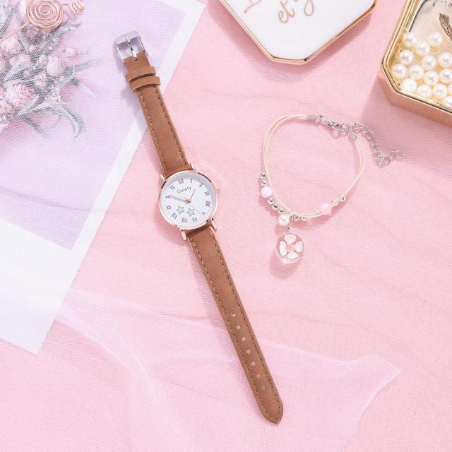 Fashion Set Watch Casual All-Match Leather Strap Student Watch Luminous Five-Pointed Star Dial Childrens Luminous Watch Women Casual Leather Female Wrist Watch Leather Band Quartz Watch