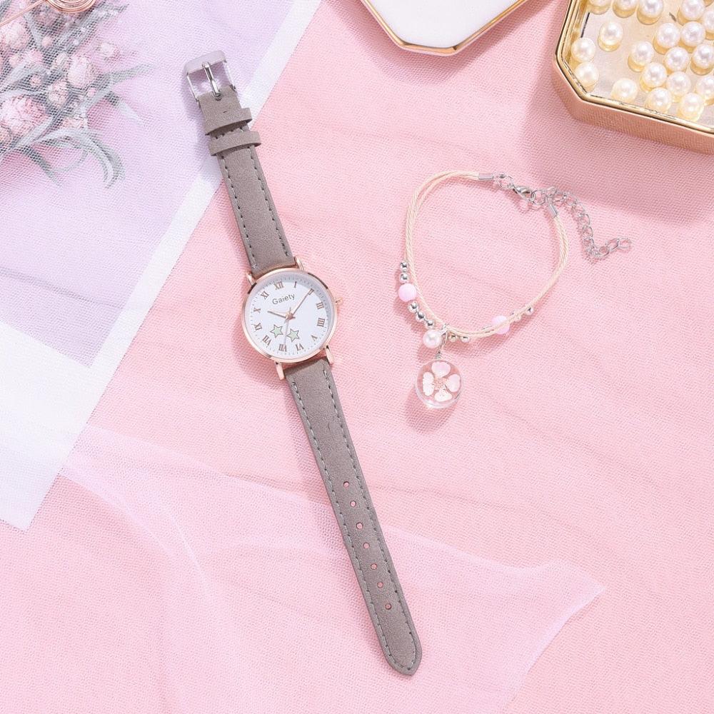 Fashion Set Watch Casual All-Match Leather Strap Student Watch Luminous Five-Pointed Star Dial Childrens Luminous Watch Women Casual Leather Female Wrist Watch Leather Band Quartz Watch