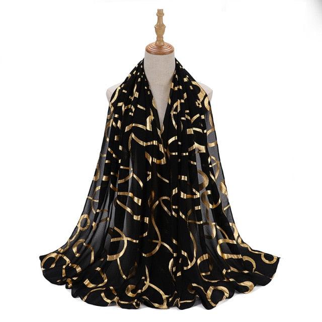 Fashion Soft Hijab Long Leaf Feather Geometry Pattern Black Series Bronzing Chiffon Hijab Scarf Headwrap Shawl Headscarf for Muslim Women