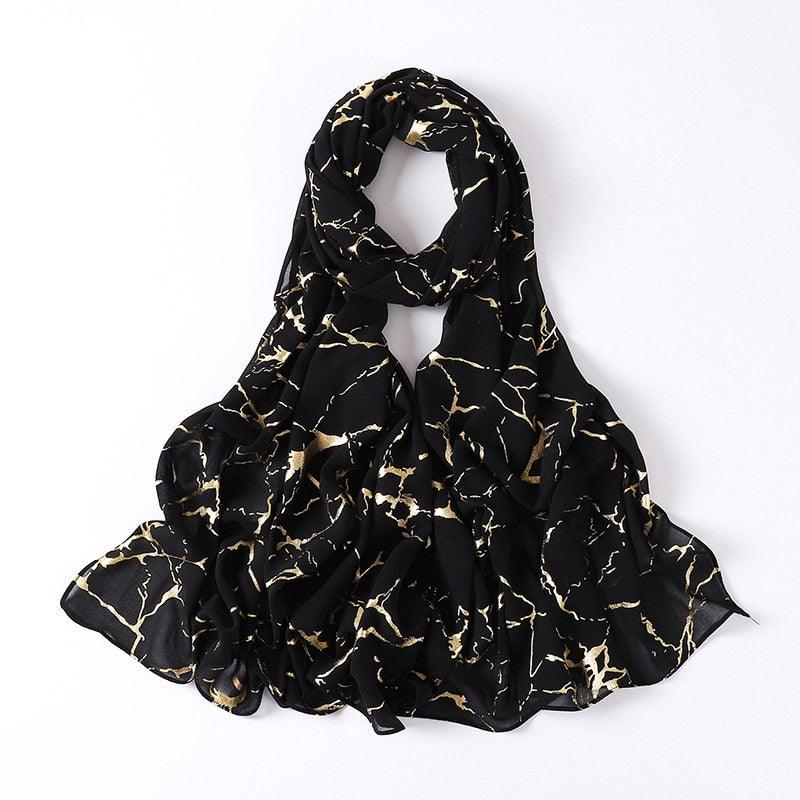 Fashion Soft Hijab Long Leaf Feather Geometry Pattern Black Series Bronzing Chiffon Hijab Scarf Headwrap Shawl Headscarf for Muslim Women