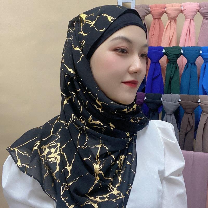 Fashion Soft Hijab Long Leaf Feather Geometry Pattern Black Series Bronzing Chiffon Hijab Scarf Headwrap Shawl Headscarf for Muslim Women