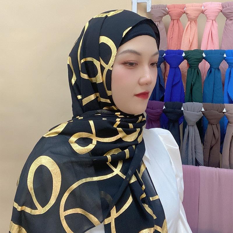 Fashion Soft Hijab Long Leaf Feather Geometry Pattern Black Series Bronzing Chiffon Hijab Scarf Headwrap Shawl Headscarf for Muslim Women