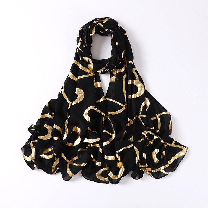 Fashion Soft Hijab Long Leaf Feather Geometry Pattern Black Series Bronzing Chiffon Hijab Scarf Headwrap Shawl Headscarf for Muslim Women