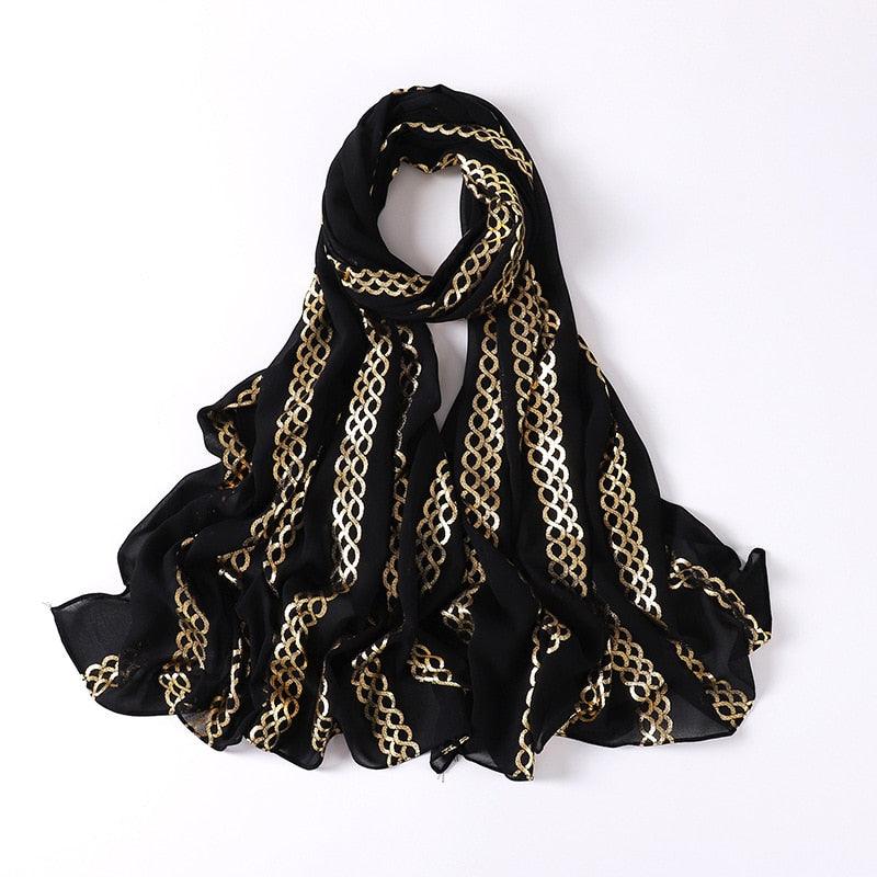 Fashion Soft Hijab Long Leaf Feather Geometry Pattern Black Series Bronzing Chiffon Hijab Scarf Headwrap Shawl Headscarf for Muslim Women