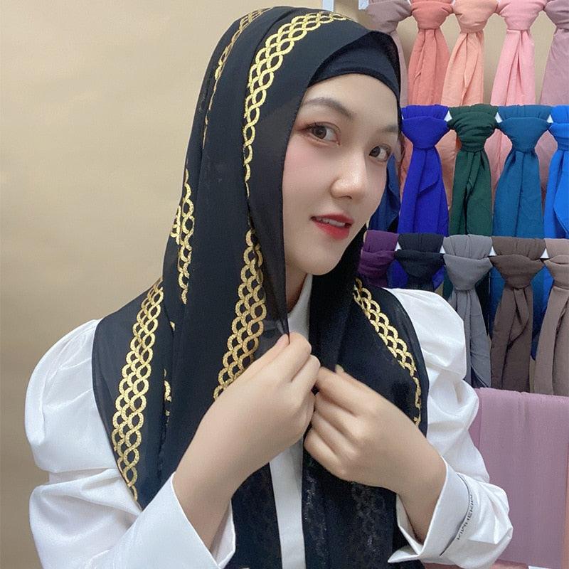 Fashion Soft Hijab Long Leaf Feather Geometry Pattern Black Series Bronzing Chiffon Hijab Scarf Headwrap Shawl Headscarf for Muslim Women