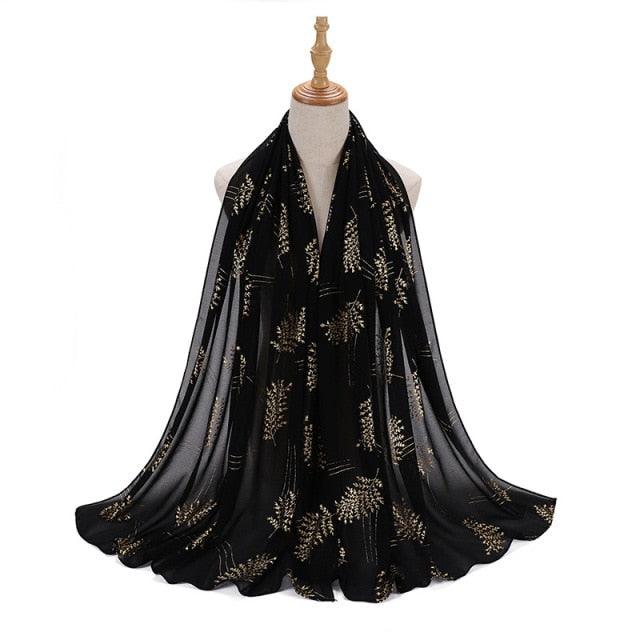 Fashion Soft Hijab Long Leaf Feather Geometry Pattern Black Series Bronzing Chiffon Hijab Scarf Headwrap Shawl Headscarf for Muslim Women