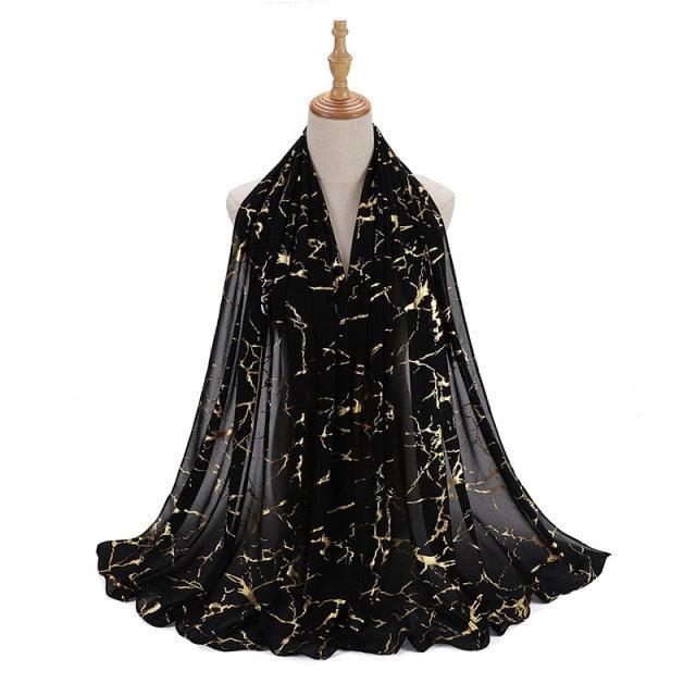 Fashion Soft Hijab Long Leaf Feather Geometry Pattern Black Series Bronzing Chiffon Hijab Scarf Headwrap Shawl Headscarf for Muslim Women