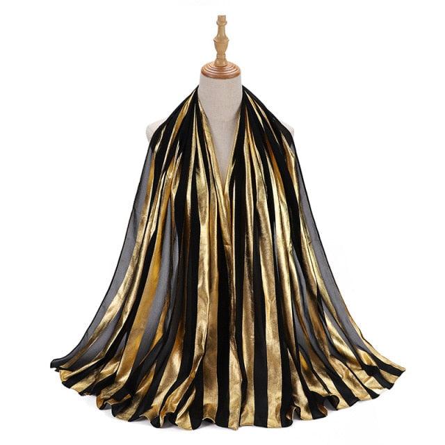 Fashion Soft Hijab Long Leaf Feather Geometry Pattern Black Series Bronzing Chiffon Hijab Scarf Headwrap Shawl Headscarf for Muslim Women