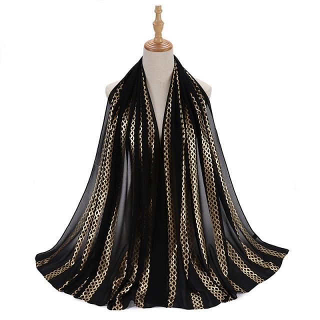 Fashion Soft Hijab Long Leaf Feather Geometry Pattern Black Series Bronzing Chiffon Hijab Scarf Headwrap Shawl Headscarf for Muslim Women