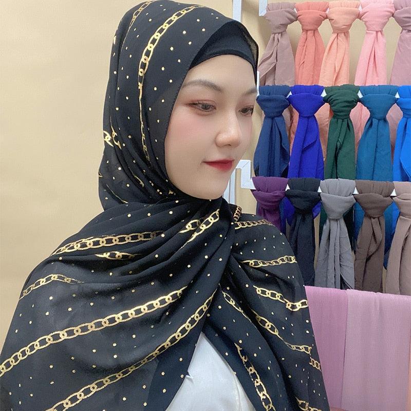 Fashion Soft Hijab Long Leaf Feather Geometry Pattern Black Series Bronzing Chiffon Hijab Scarf Headwrap Shawl Headscarf for Muslim Women