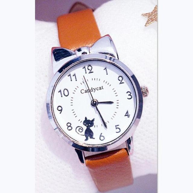 Fashion Student Girl Watch Cute Little Cat Watch Kids Children Quartz Watch Unisex Wrist Watches Stainless Steel Dial Leather Strap Watches Quartz Fashion Simple Cute Watches For Women