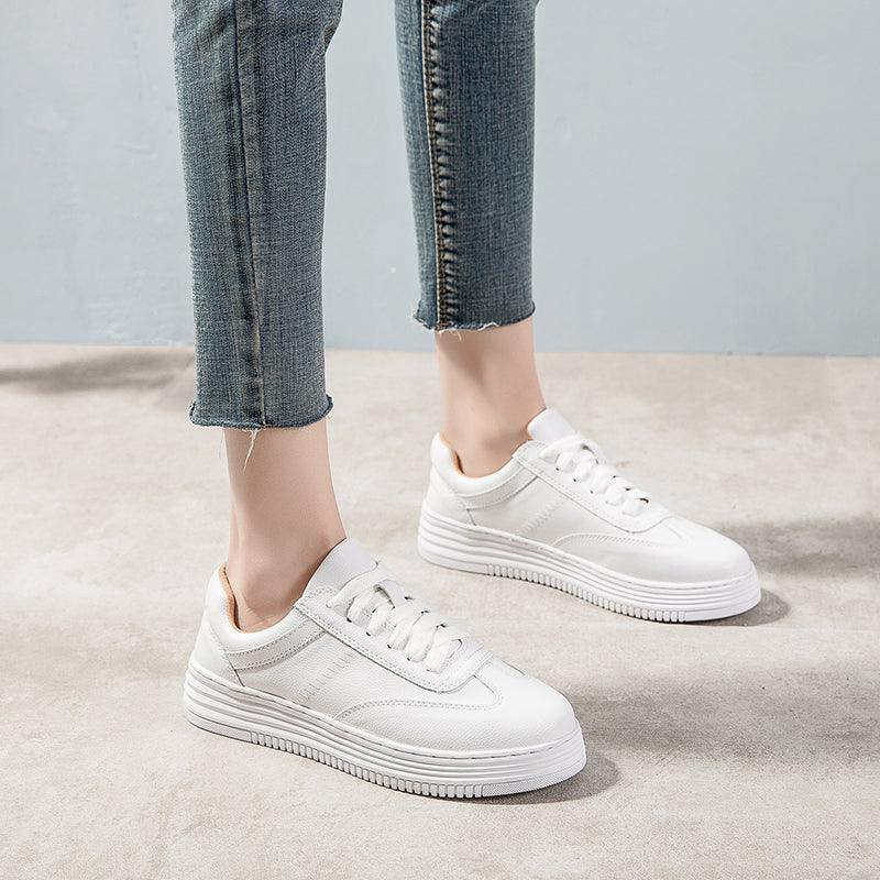 Fashion White Split Leather Women Sneakers White Lace Up Women Casual Shoe Luxury Leather Womens Sneakers Spring Casual Women Fashion Flat Sneakers