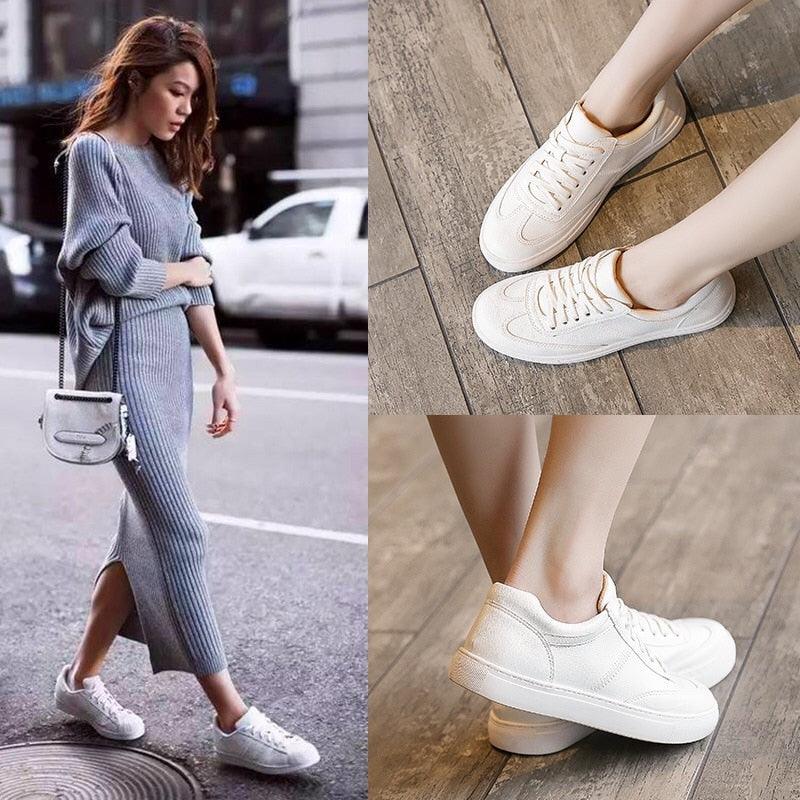 Fashion White Split Leather Women Sneakers White Lace Up Women Casual Shoe Luxury Leather Womens Sneakers Spring Casual Women Fashion Flat Sneakers