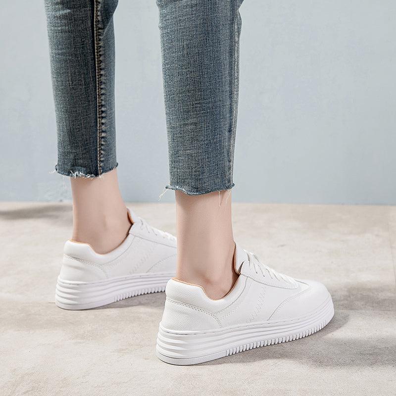 Fashion White Split Leather Women Sneakers White Lace Up Women Casual Shoe Luxury Leather Womens Sneakers Spring Casual Women Fashion Flat Sneakers