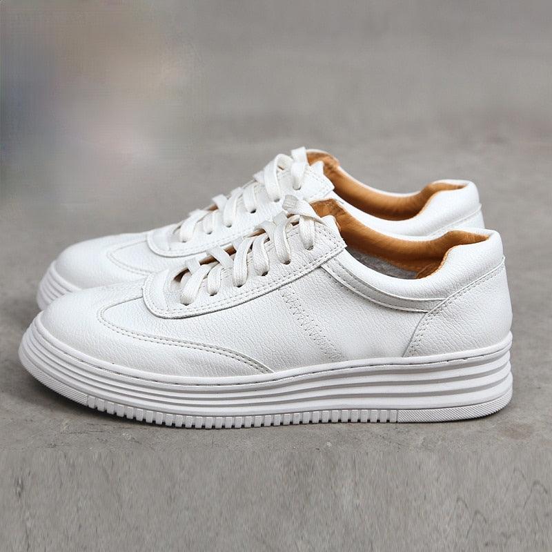 Fashion White Split Leather Women Sneakers White Lace Up Women Casual Shoe Luxury Leather Womens Sneakers Spring Casual Women Fashion Flat Sneakers