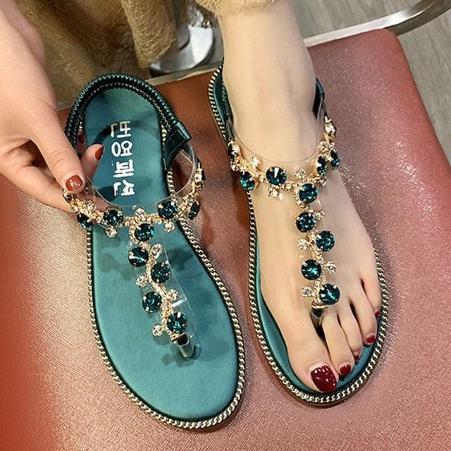 Fashion Women Sandals Luxury Design Beach Sandals Platform Ladies Shoes Light Breathable Rhinestone Sandals Women's Flat Sandals Flip Flop Jeweled Sandals