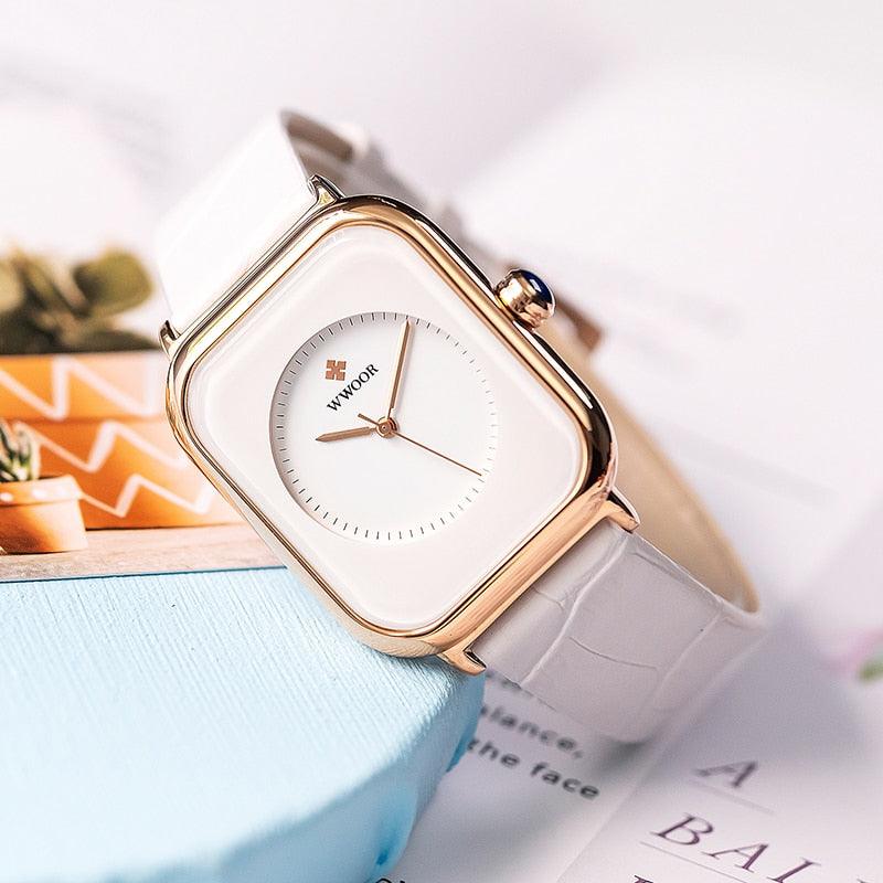 Fashion Women Watches White Leather Minimalist Rectangle Ladies Quartz Dress Wristwatch Fashion Leather Wrist Watch Rectangle Elegant Simple Dial Analog Quartz Dress Watch