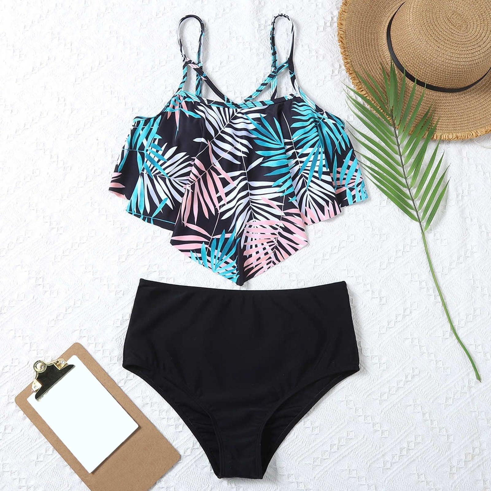 Fashionable And Stylish Design Women Leaf Print Soft Comfortable Suitable High Waist Swimsuit Bikini Women's Suits Two Pieces Top High Waist Bottom Two Piece Sets Beach Swimwear