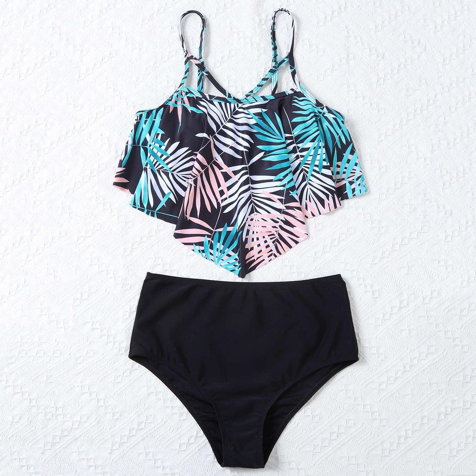 Fashionable And Stylish Design Women Leaf Print Soft Comfortable Suitable High Waist Swimsuit Bikini Women's Suits Two Pieces Top High Waist Bottom Two Piece Sets Beach Swimwear