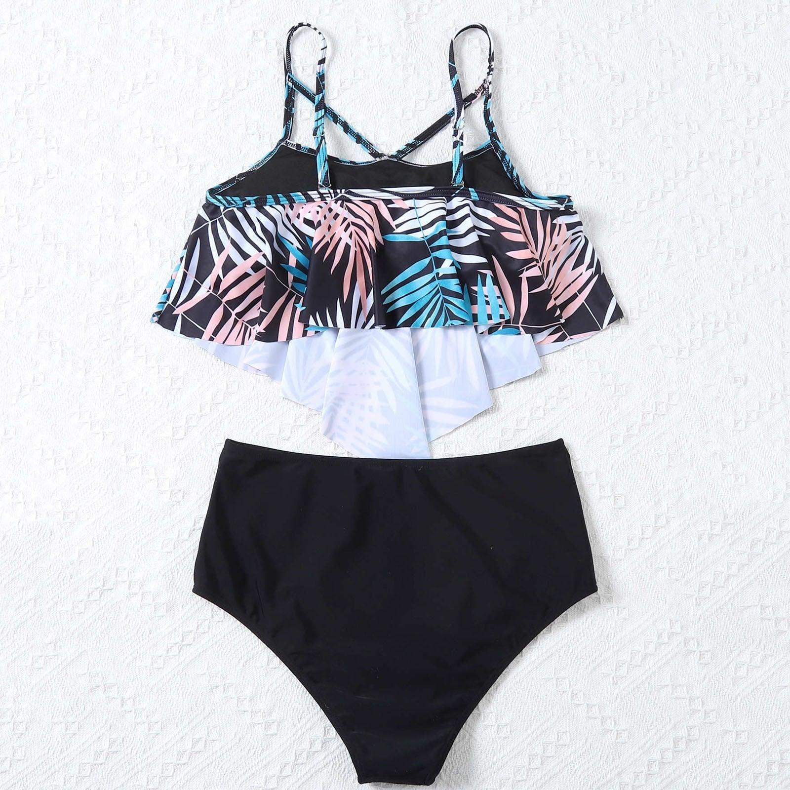 Fashionable And Stylish Design Women Leaf Print Soft Comfortable Suitable High Waist Swimsuit Bikini Women's Suits Two Pieces Top High Waist Bottom Two Piece Sets Beach Swimwear