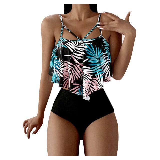 Fashionable And Stylish Design Women Leaf Print Soft Comfortable Suitable High Waist Swimsuit Bikini Women's Suits Two Pieces Top High Waist Bottom Two Piece Sets Beach Swimwear