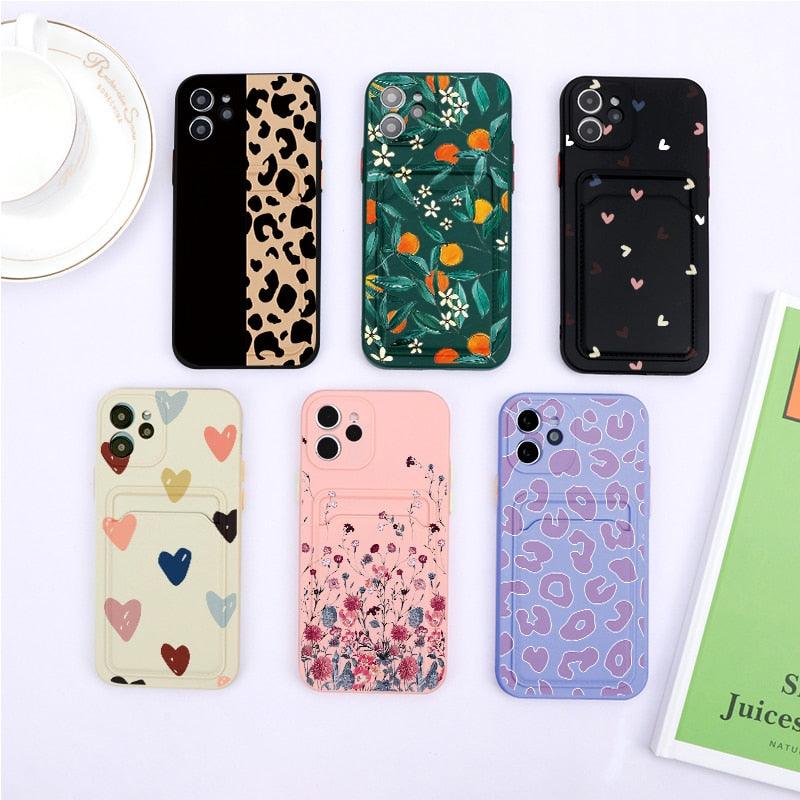 Fashionable Anti-Scratch Soft Lining Protective Case For iPhone Cases Card Holder Cute Flower Heart Phone Case For iPhone 12 13 Mini Pro Beautiful Design  Soft Iphone Case