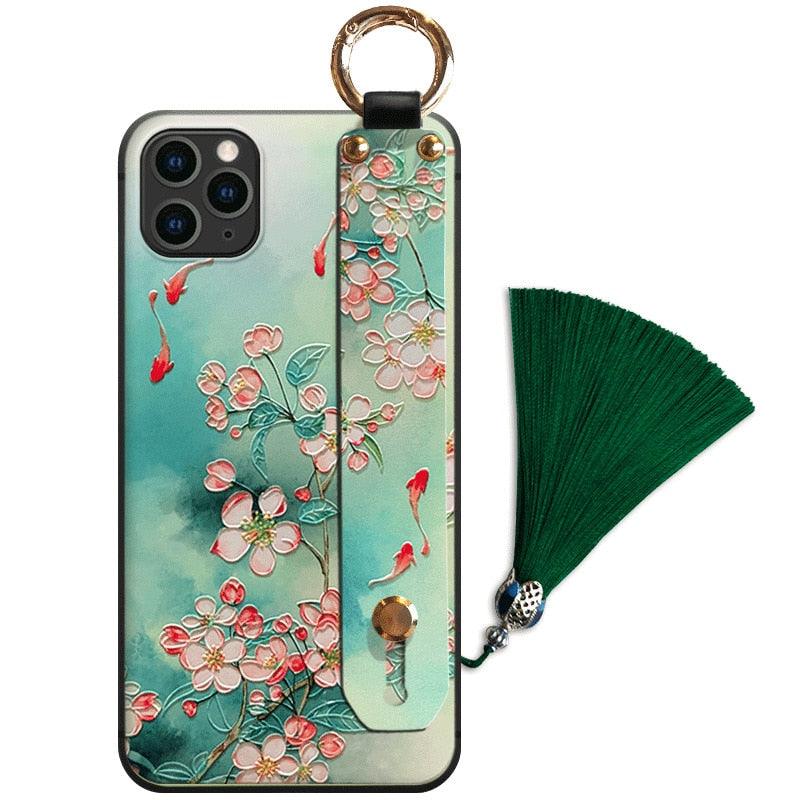 Fashionable Flower Phone Case for iPhone 11 12 13 14 Pro MAX X XS MAX XR 8 7 6 6s Plus X Soft Back Cases Wrist Strap Tassel Cover shockproof Hard Back Cover Slim Full Body Protective Trendy Cute Stylish Phone Case for Women