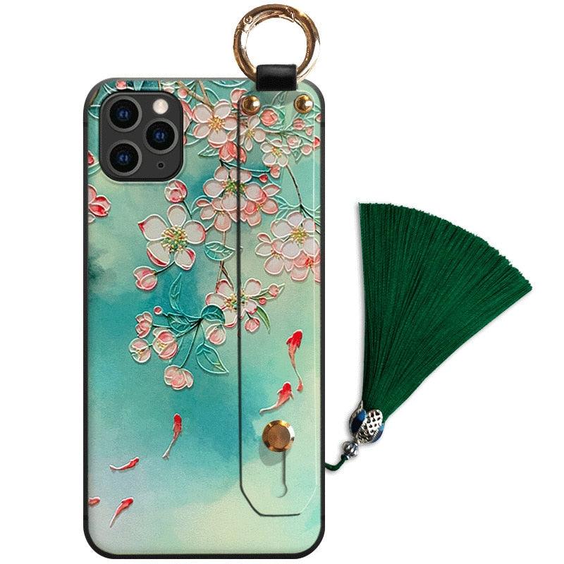 Fashionable Flower Phone Case for iPhone 11 12 13 14 Pro MAX X XS MAX XR 8 7 6 6s Plus X Soft Back Cases Wrist Strap Tassel Cover shockproof Hard Back Cover Slim Full Body Protective Trendy Cute Stylish Phone Case for Women