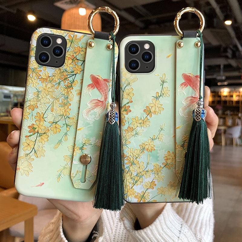 Fashionable Flower Phone Case for iPhone 11 12 13 14 Pro MAX X XS MAX XR 8 7 6 6s Plus X Soft Back Cases Wrist Strap Tassel Cover shockproof Hard Back Cover Slim Full Body Protective Trendy Cute Stylish Phone Case for Women