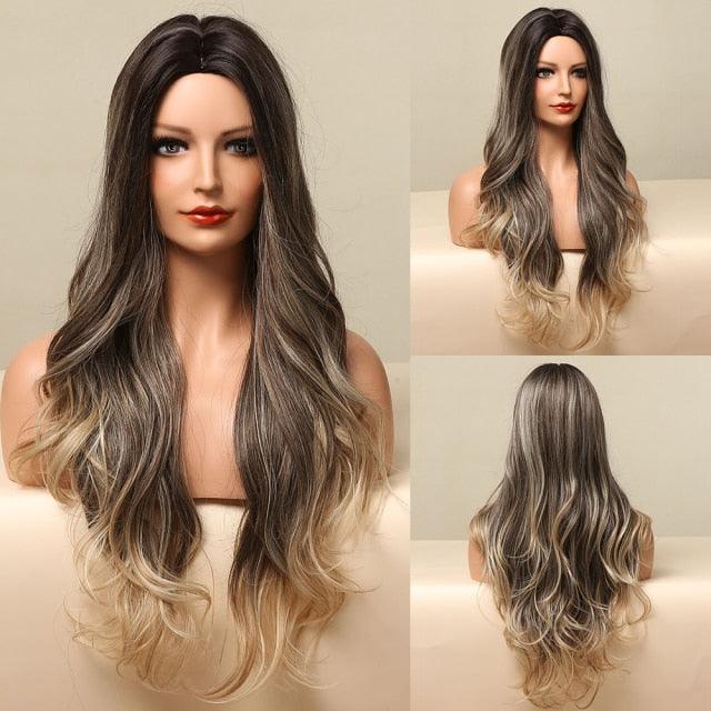 Fashionable Long Wavy Synthetic Wigs Brown to Blonde Ombre with Bangs Fake Hair for Women Daily Cosplay Party Heat Resistant Wigs For Black Women Gifts for Girlfriends