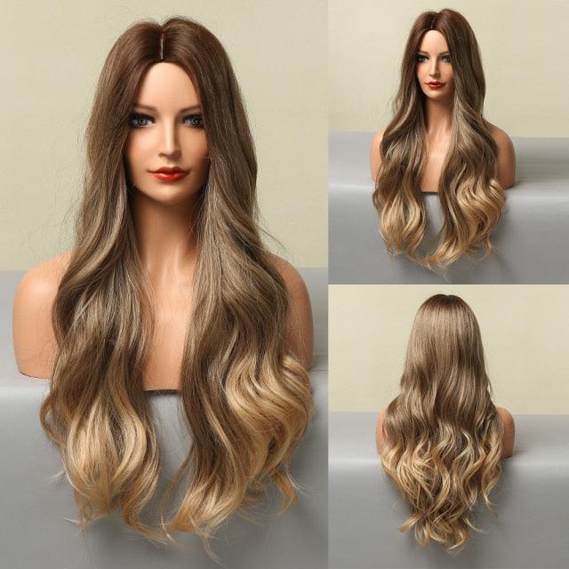 Fashionable Long Wavy Synthetic Wigs Brown to Blonde Ombre with Bangs Fake Hair for Women Daily Cosplay Party Heat Resistant Wigs For Black Women Gifts for Girlfriends